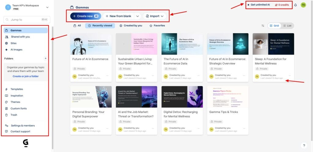Интерфейс Gamma AI с созданными презентациями