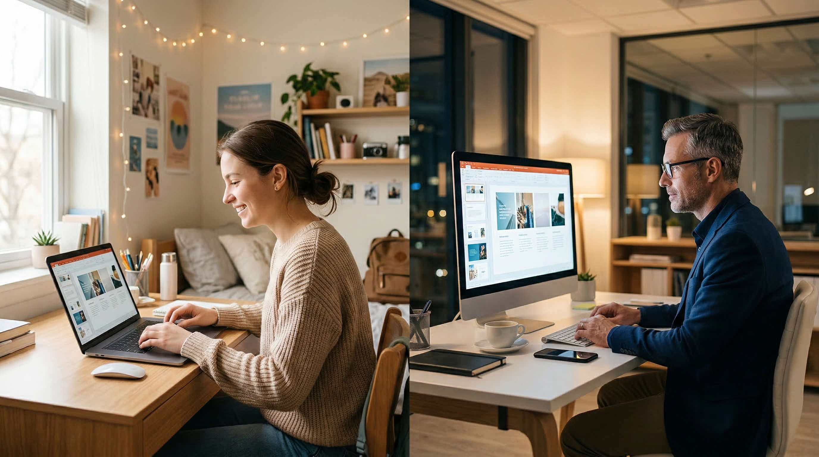 Студентка и бизнесмен работают с презентациями — разные аудитории