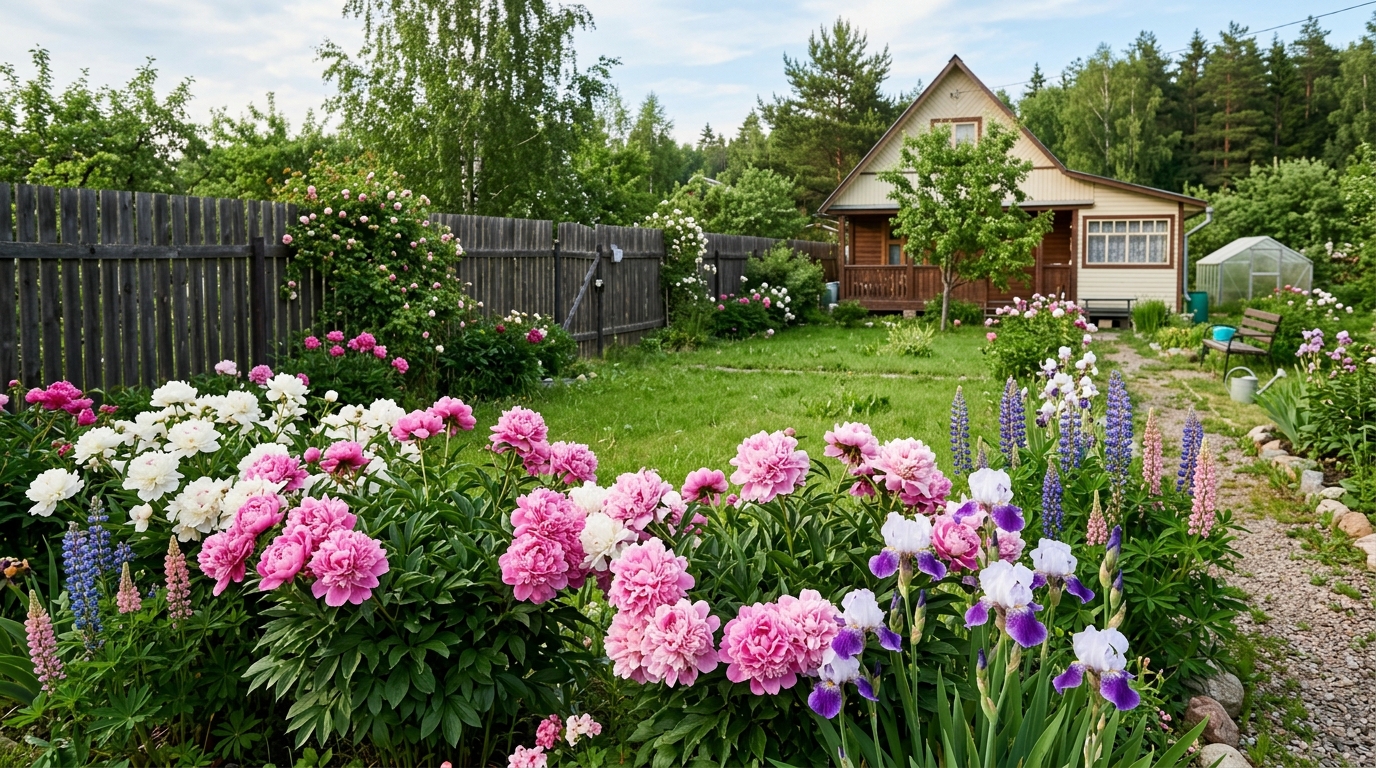 Клумба в июне — пионы, ирисы, люпины