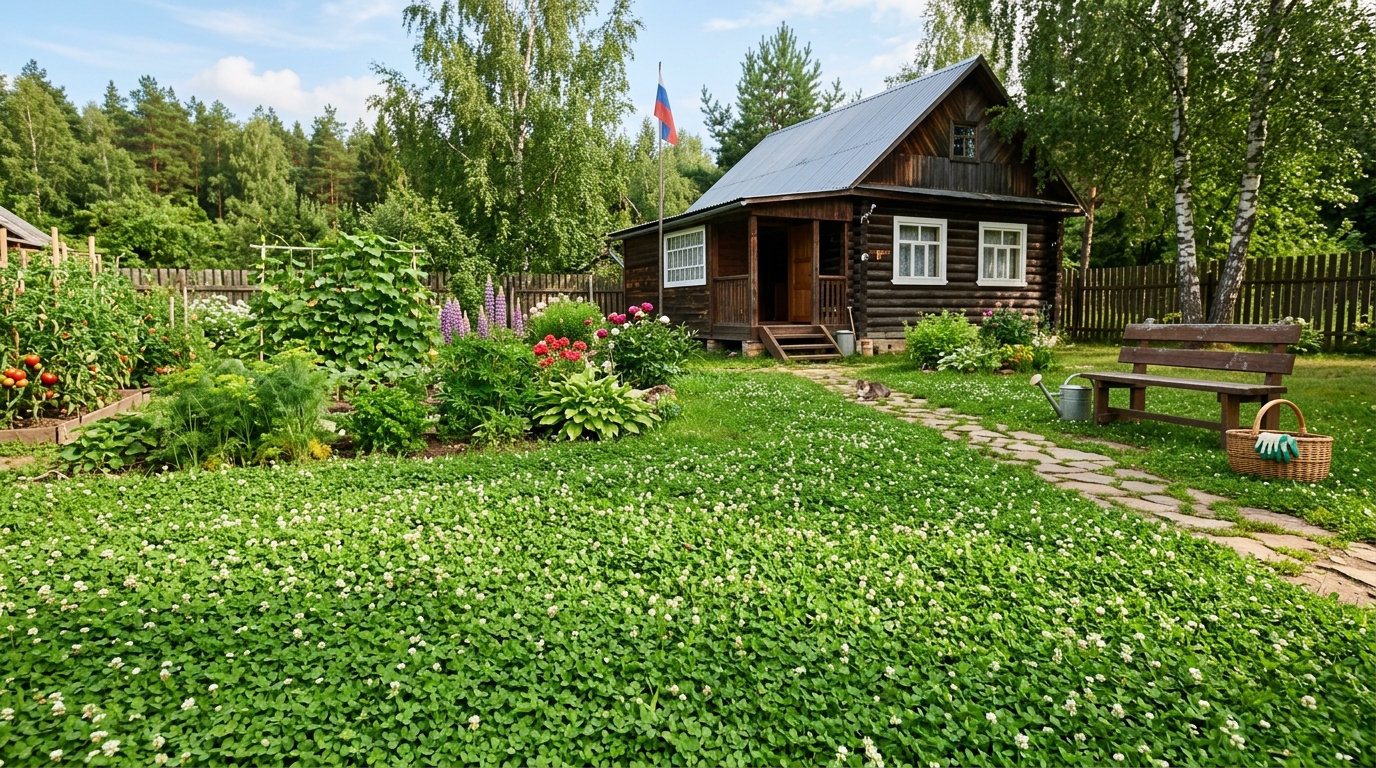 Клеверный газон с белыми цветочками