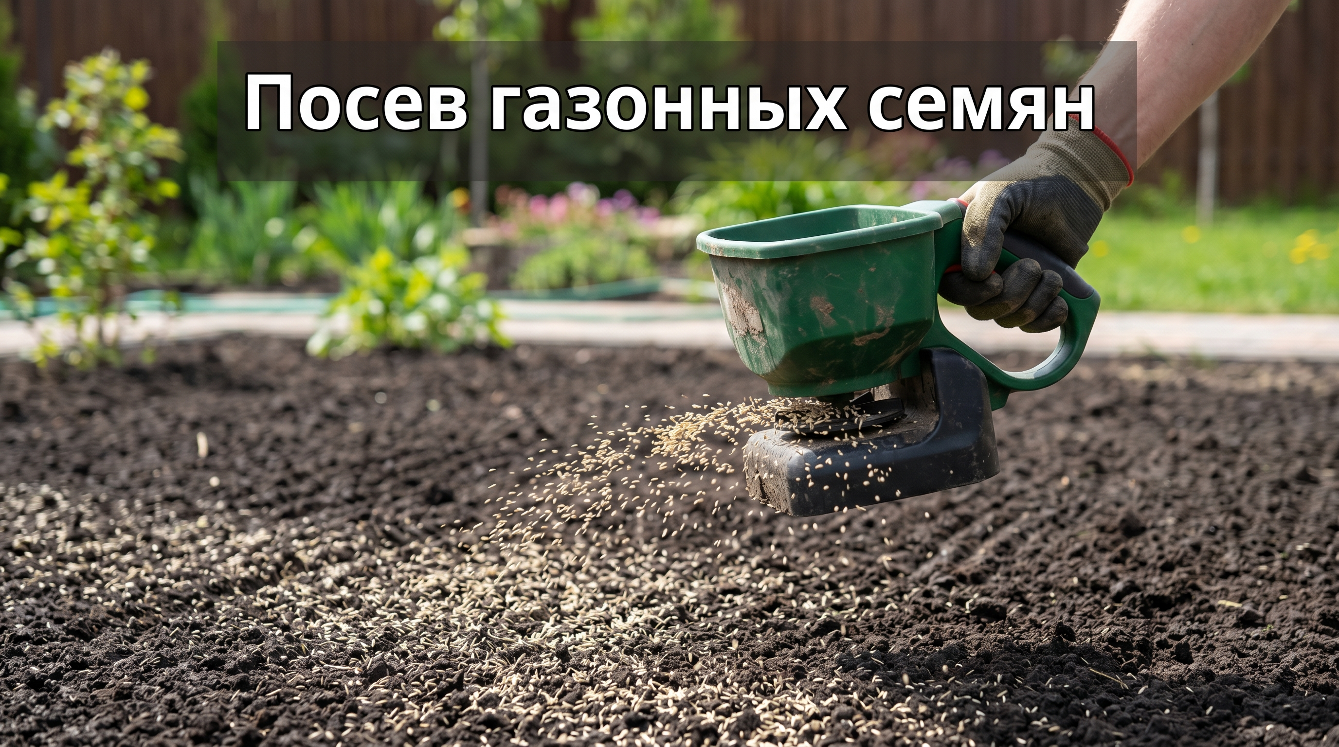Посев газонных семян ручным разбрасывателем по подготовленной почве