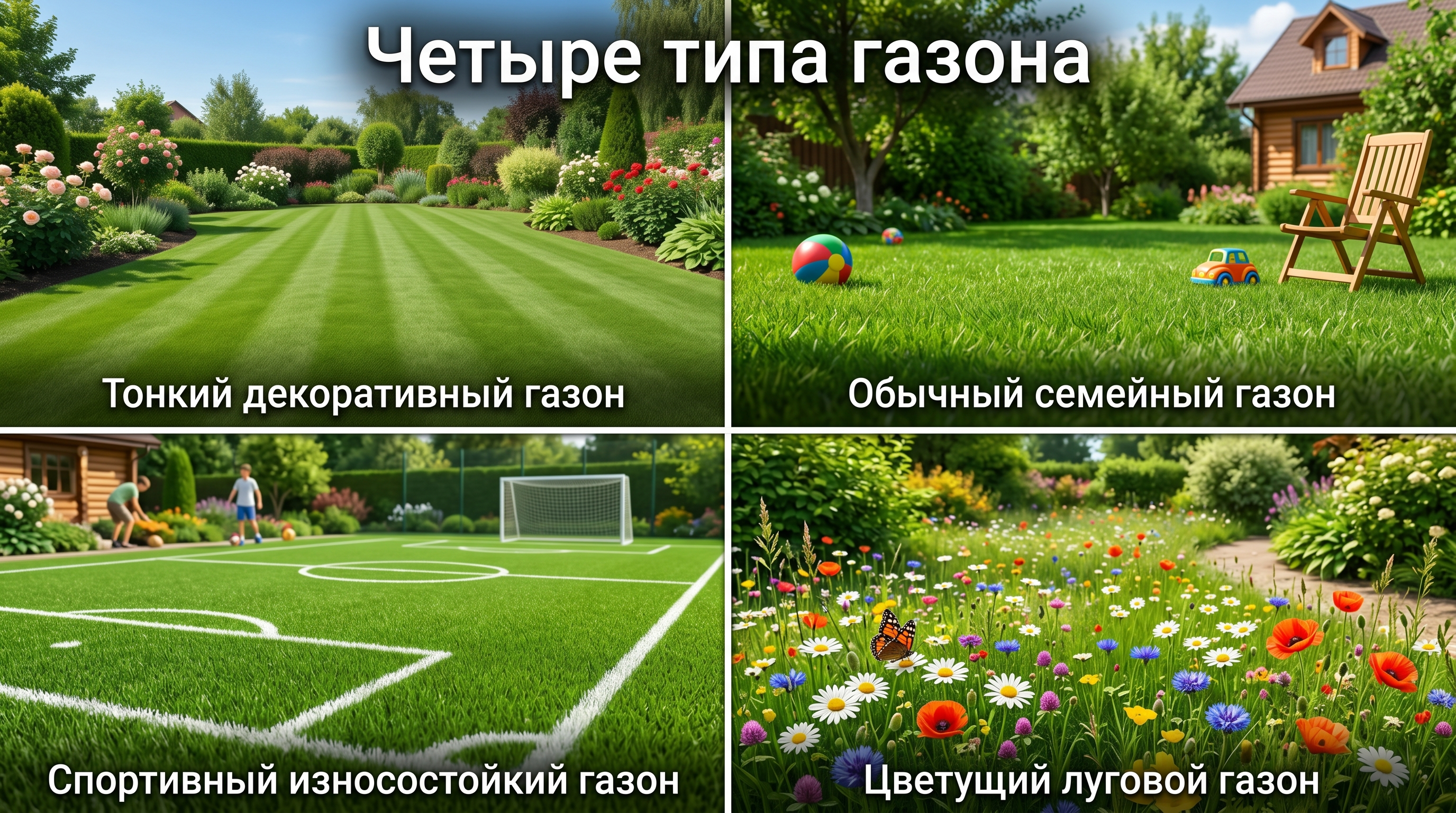 Четыре типа газона: декоративный, обычный семейный, спортивный, мавританский