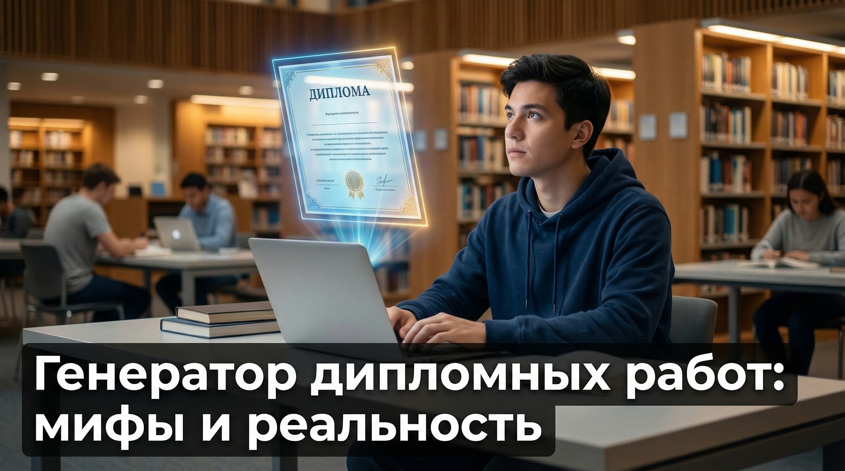 Генератор дипломных работ: мифы и реальность — студент в библиотеке с ноутбуком и голографическим документом