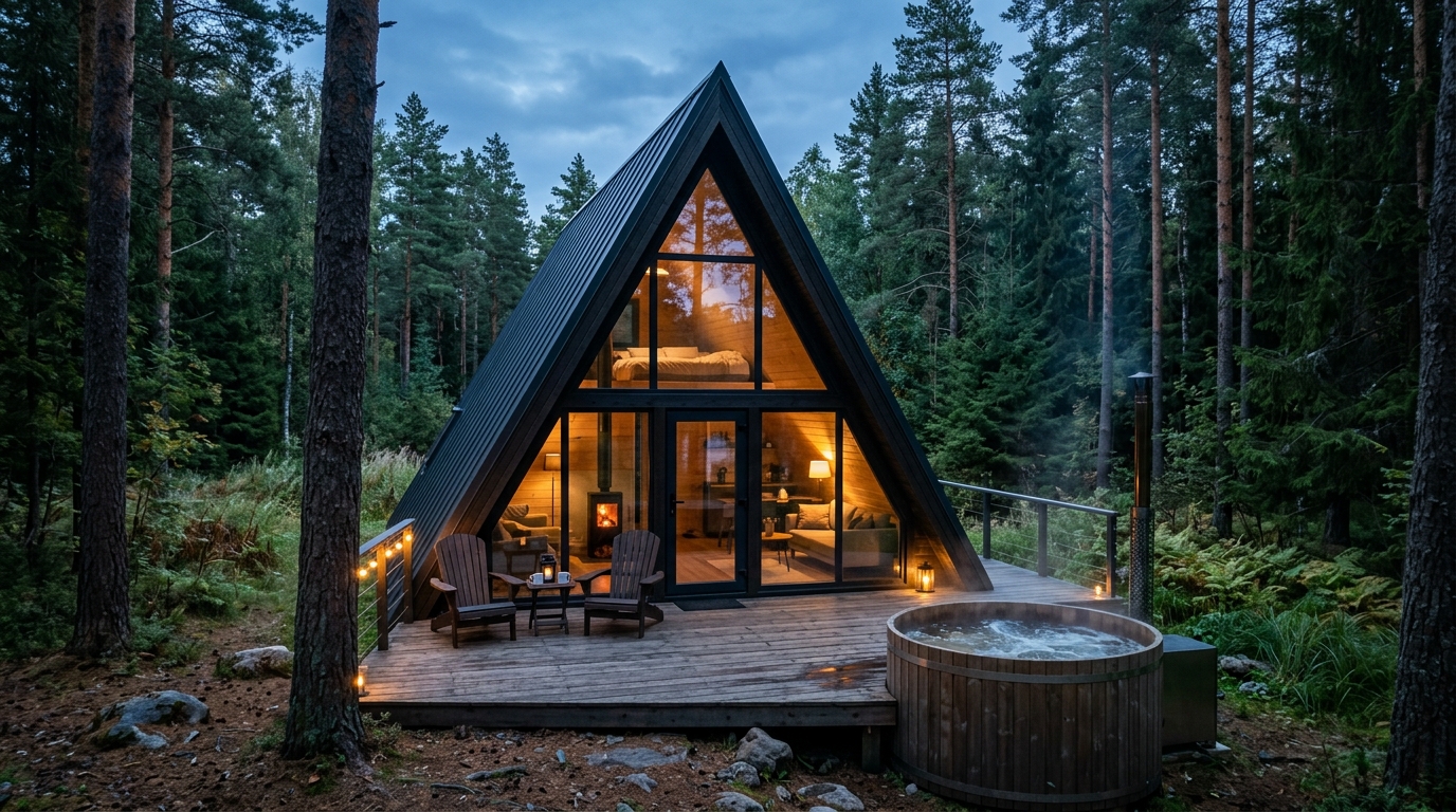 Чёрный A-frame домик с панорамным остеклением и чаном в вечернем лесу