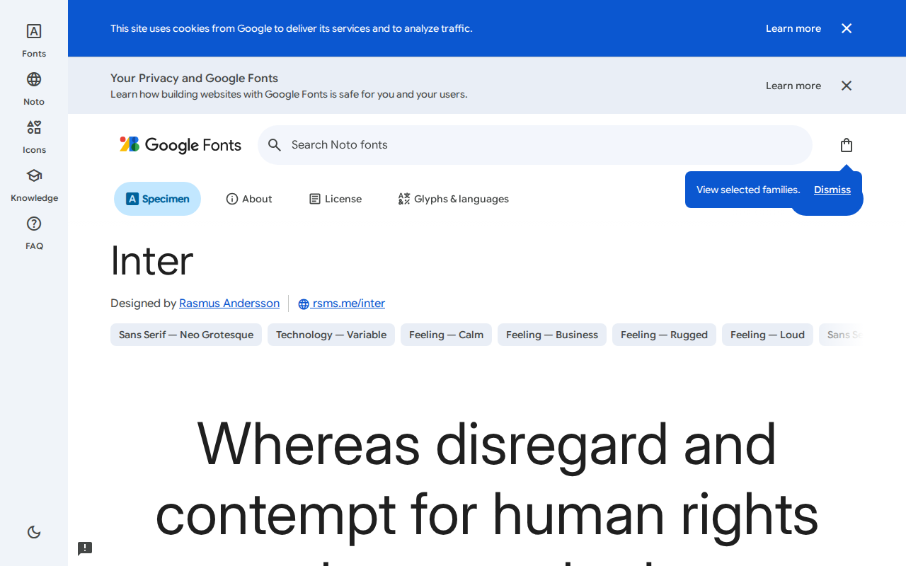 Страница шрифта Inter на Google Fonts