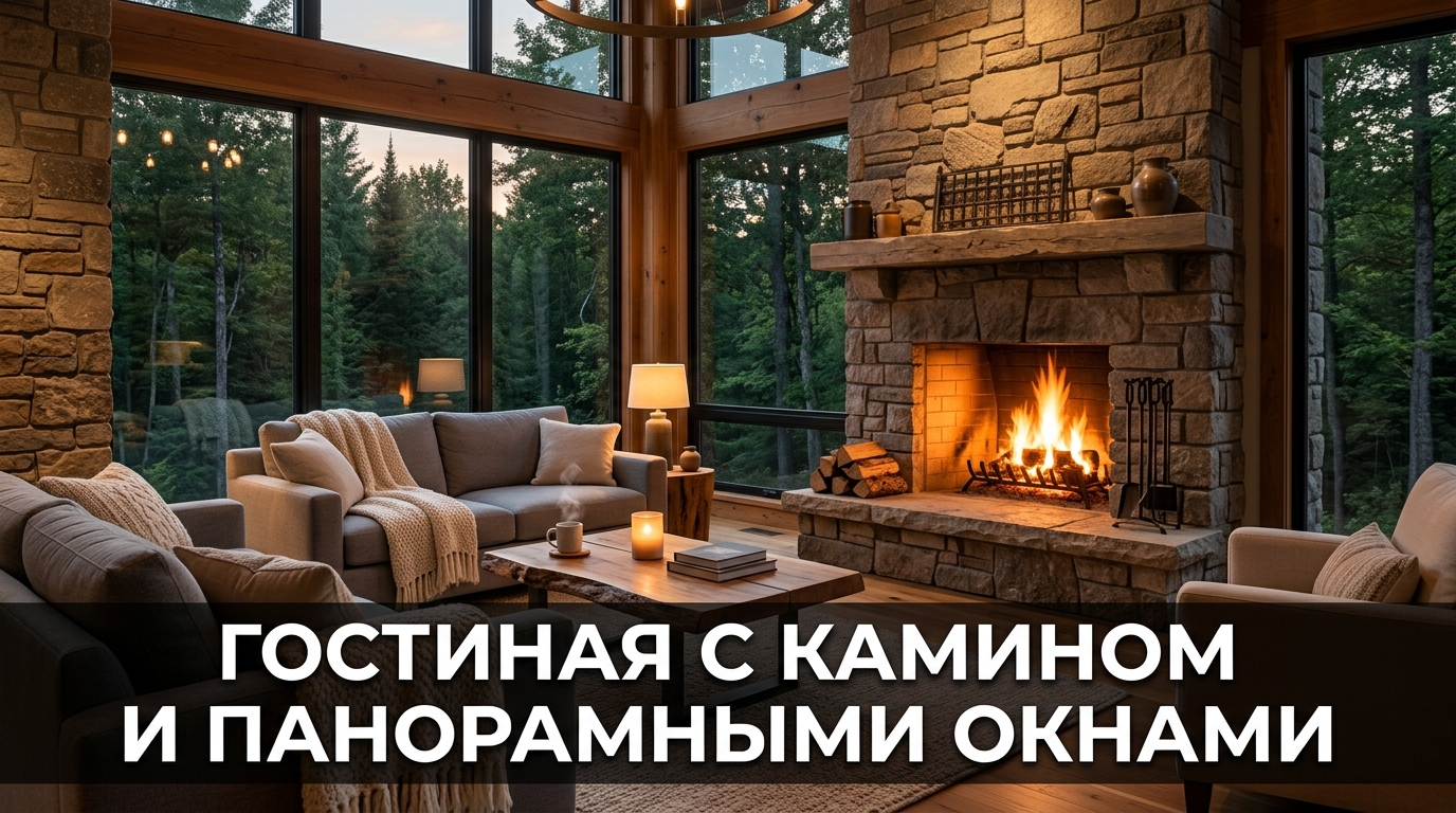 Гостиная с камином и панорамными окнами в загородном доме