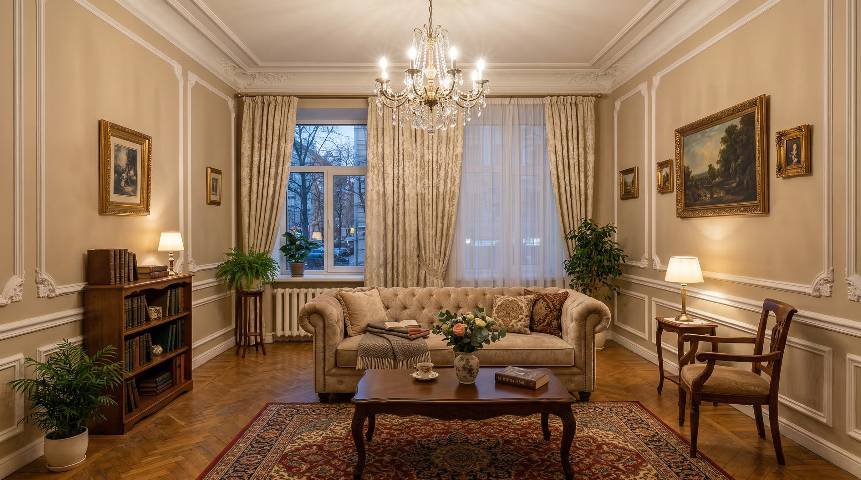 Гостиная в классическом стиле — бежевые стены, молдинги, элегантная мебель