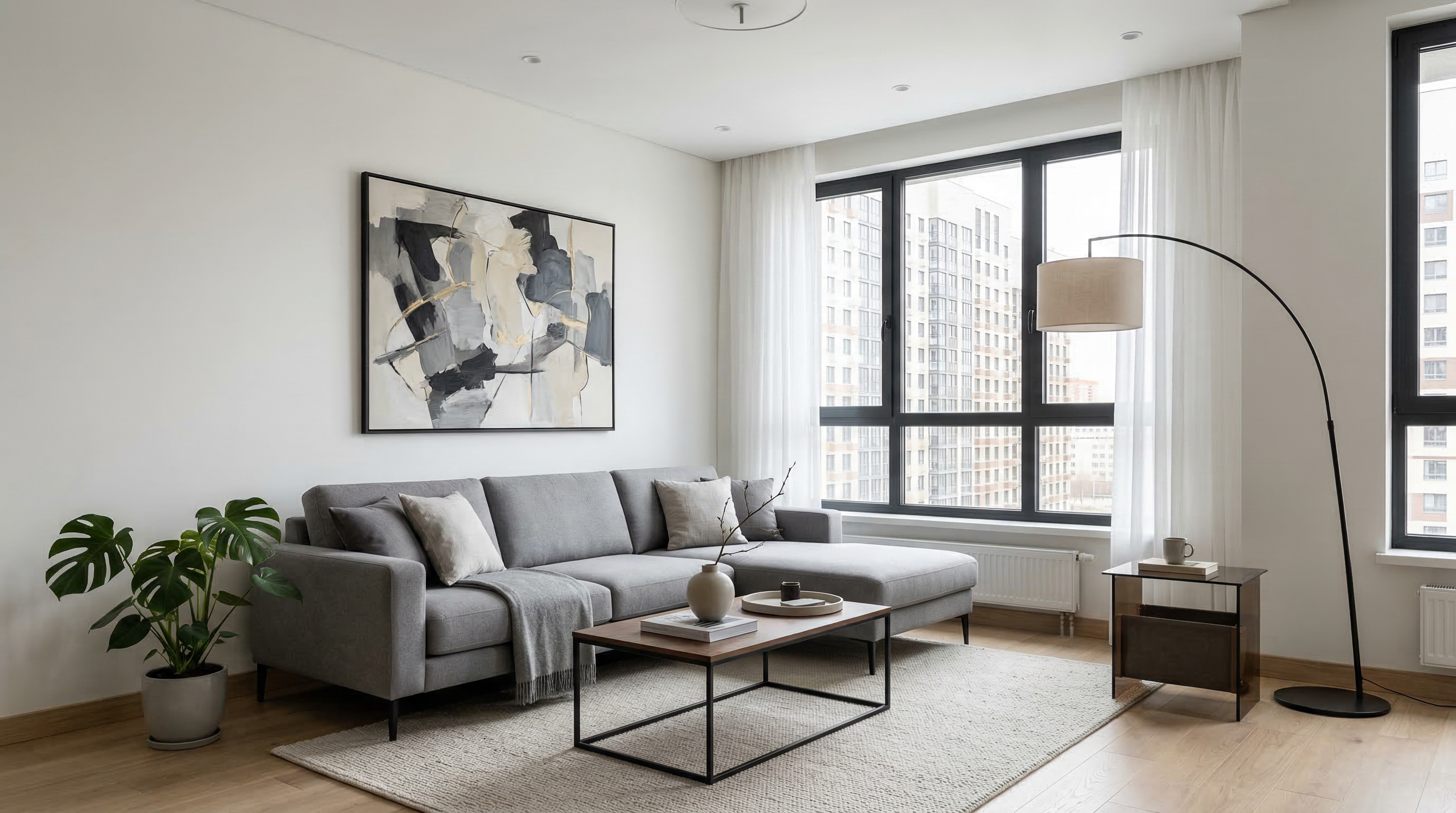 Гостиная в стиле минимализм — серый диван, абстрактная картина, чистые линии