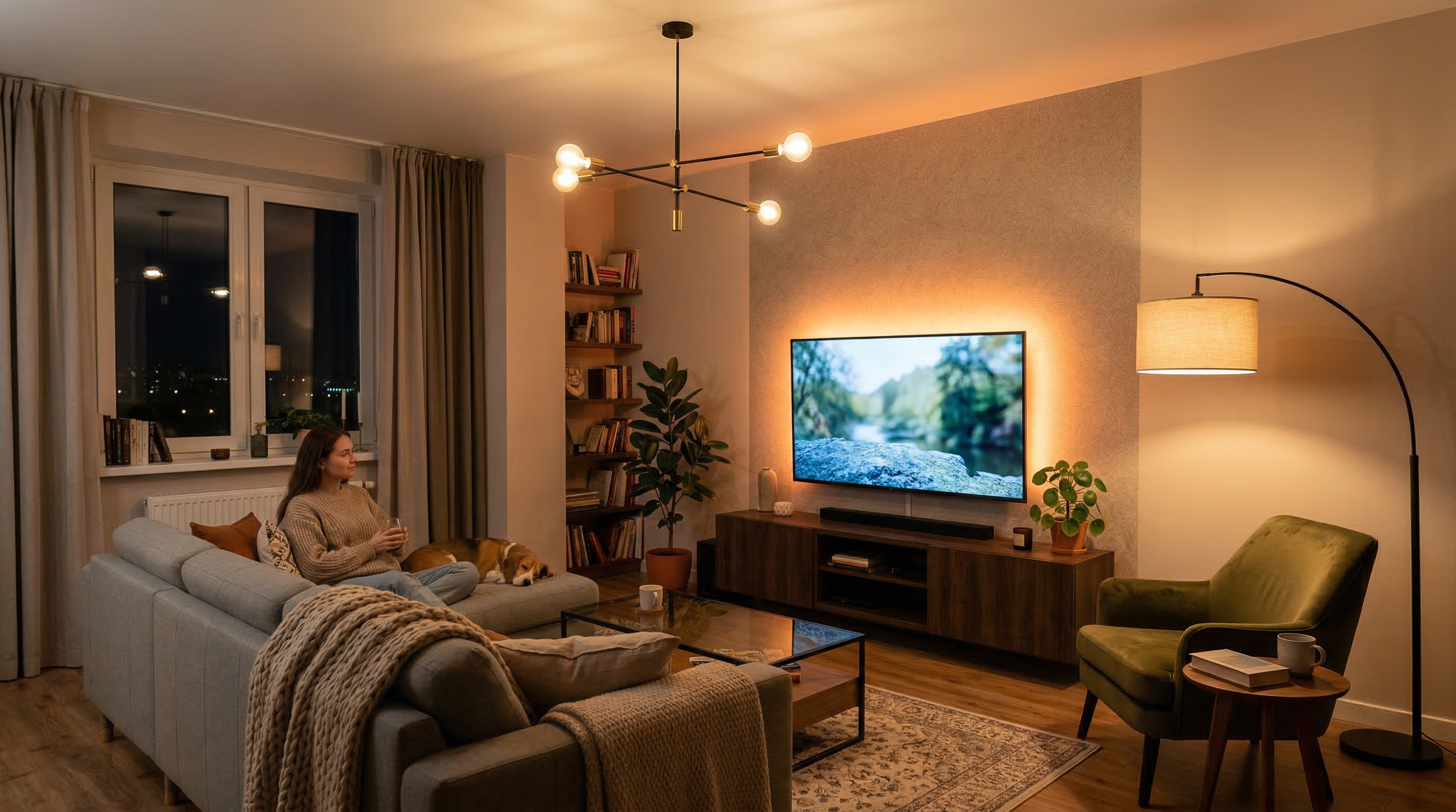 Освещение гостиной — потолочный свет, торшер, LED-подсветка за ТВ