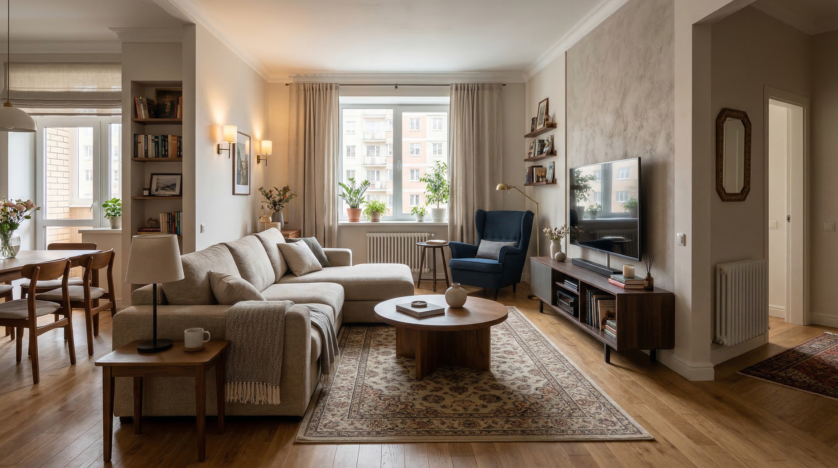 Планировка гостиной — L-образный диван, ТВ-зона, журнальный столик, кресло