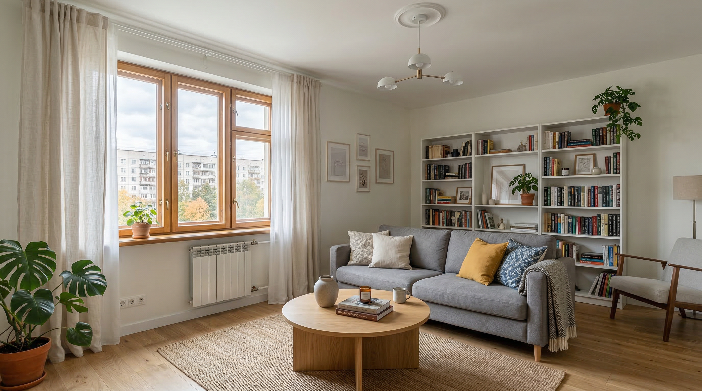 Гостиная в скандинавском стиле — светлое дерево, серый диван и уютный текстиль