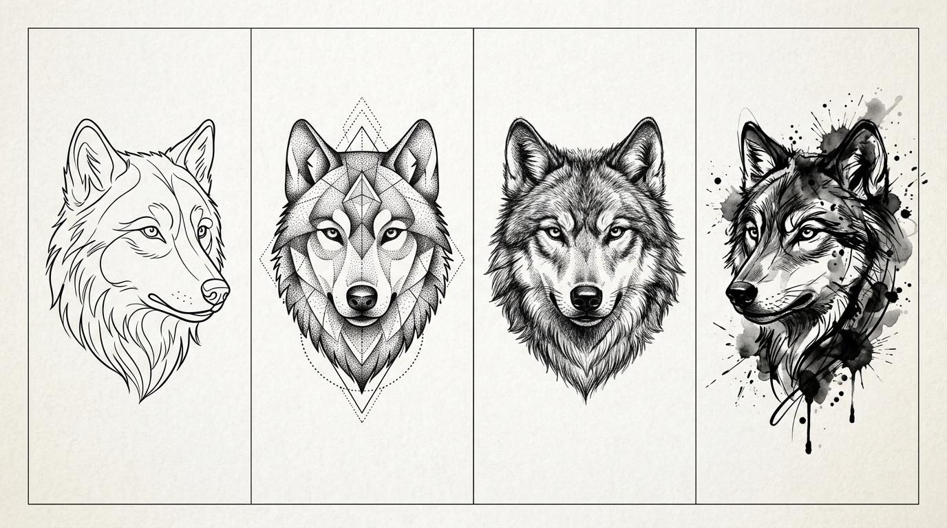 Четыре варианта эскиза тату волк в разных стилях от нейросети