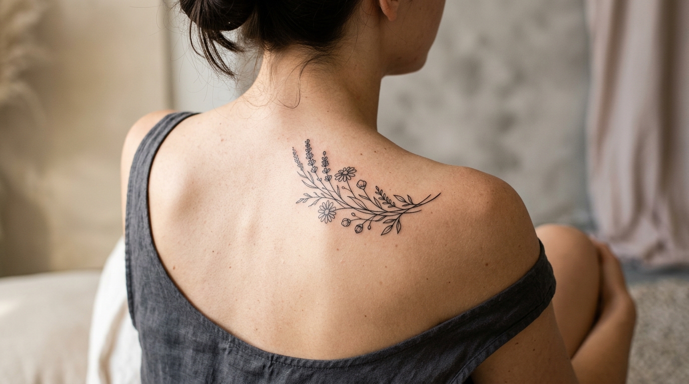 Минималистичное тату цветы на плече у девушки