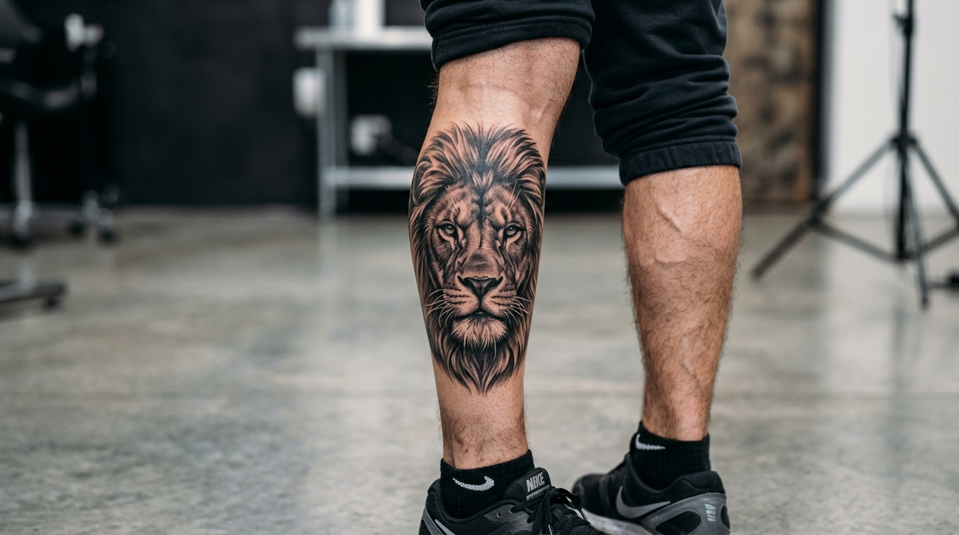 Реалистичное тату льва на икре у мужчины