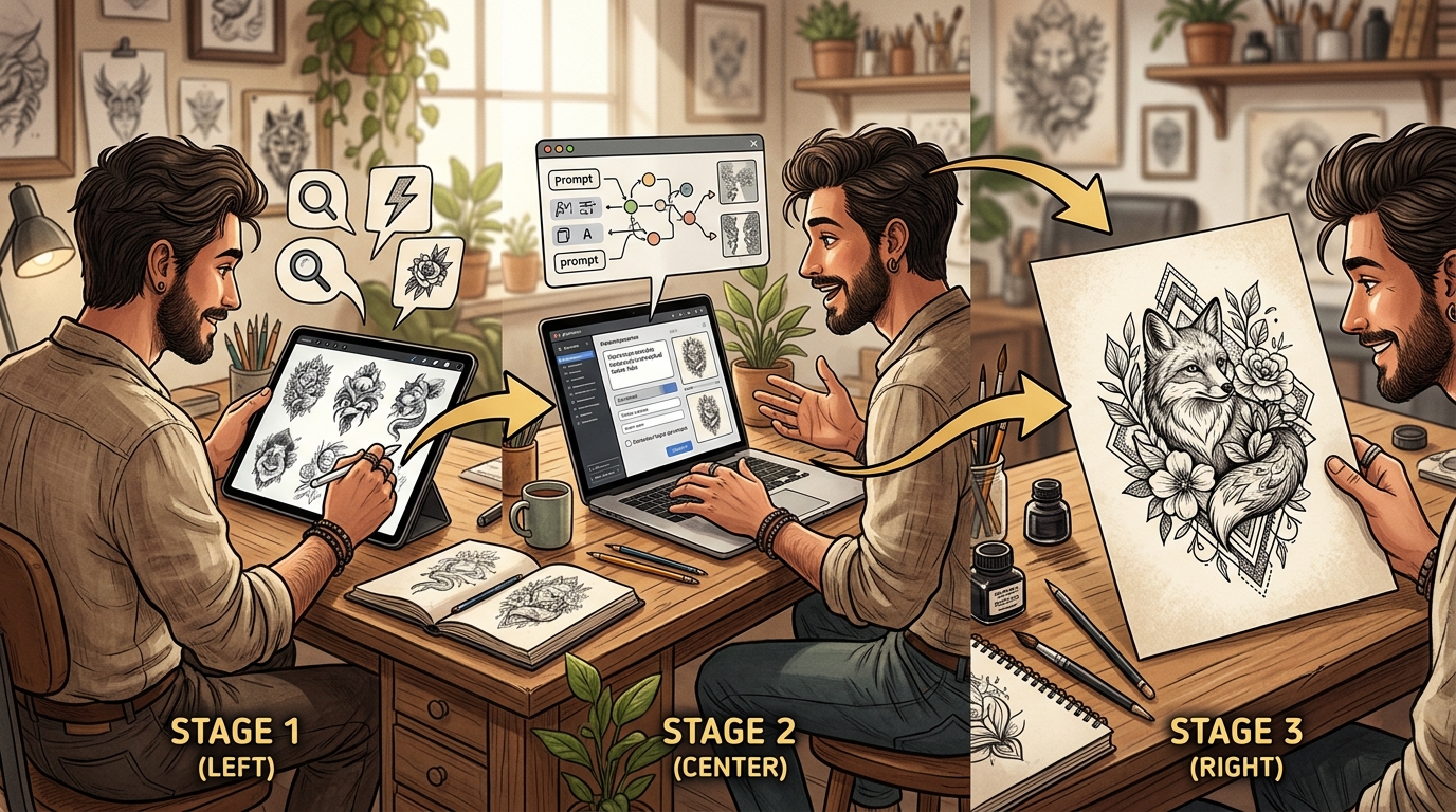 Схема гибридного процесса создания эскиза тату — от каталога к ИИ