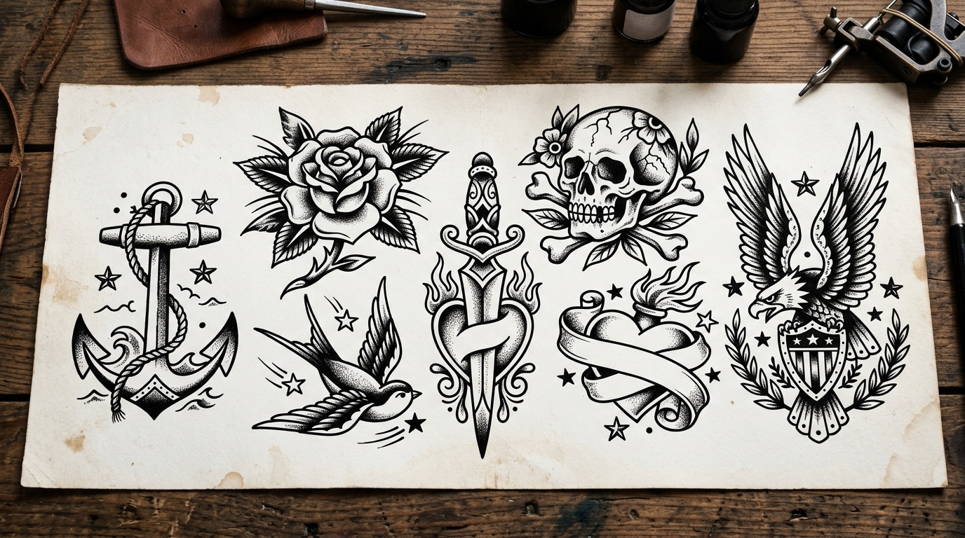 Традиционный тату-флеш: лист с готовыми эскизами в стиле американ традишнл