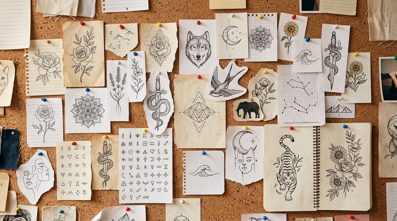 Мудборд из эскизов тату на пробковой доске — идеи и референсы