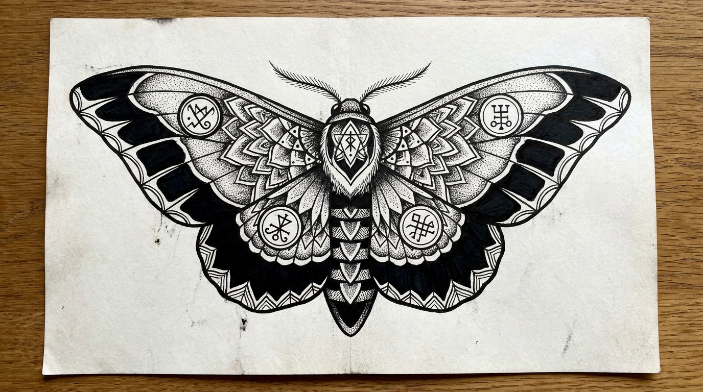 Блэкворк эскиз тату мотылёк с геометрическими крыльями