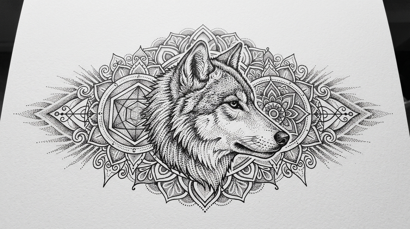 Эскиз тату волк в стиле дотворк с сакральной геометрией