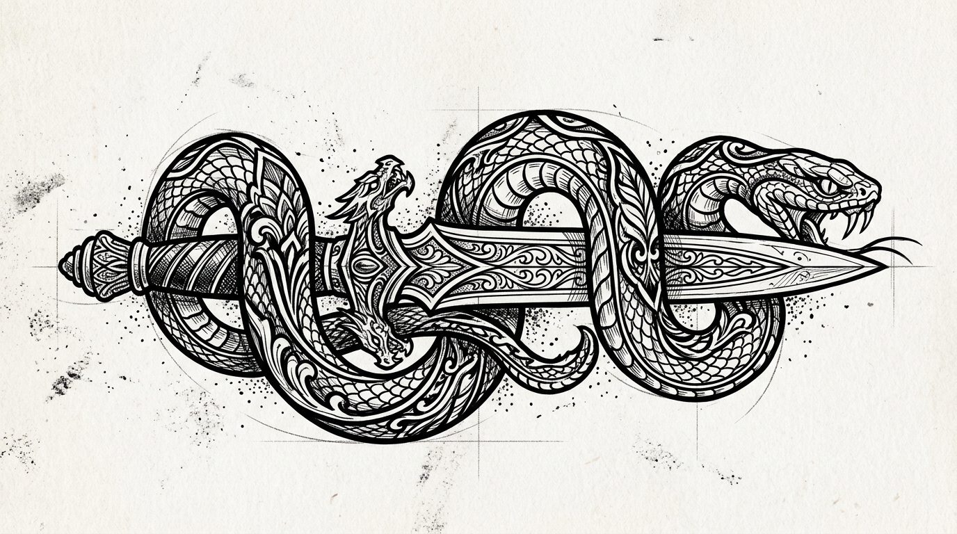 Графический эскиз тату змея с кинжалом в стиле нео-традишнл