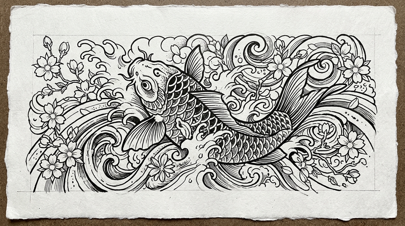 Японский ирэдзуми эскиз тату карп кои с волнами и сакурой