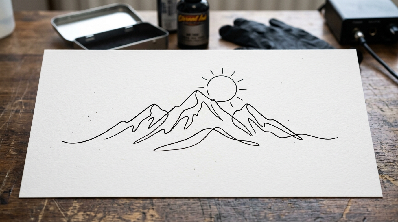 Минималистичный эскиз тату с горой и солнцем в одной линии