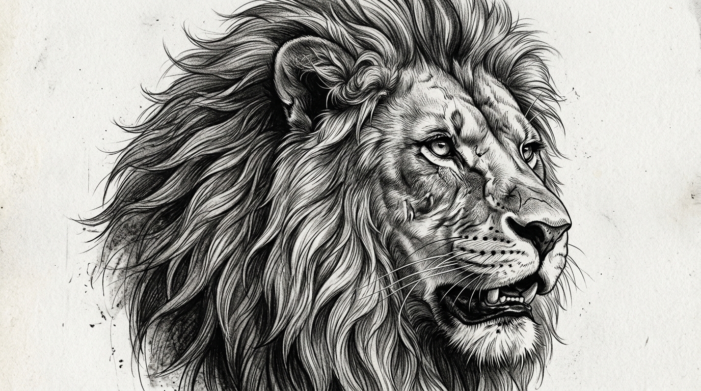 Реалистичный эскиз тату голова льва с детализированной шерстью