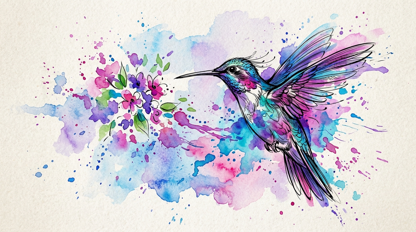 Акварельный эскиз тату колибри с яркими цветными брызгами