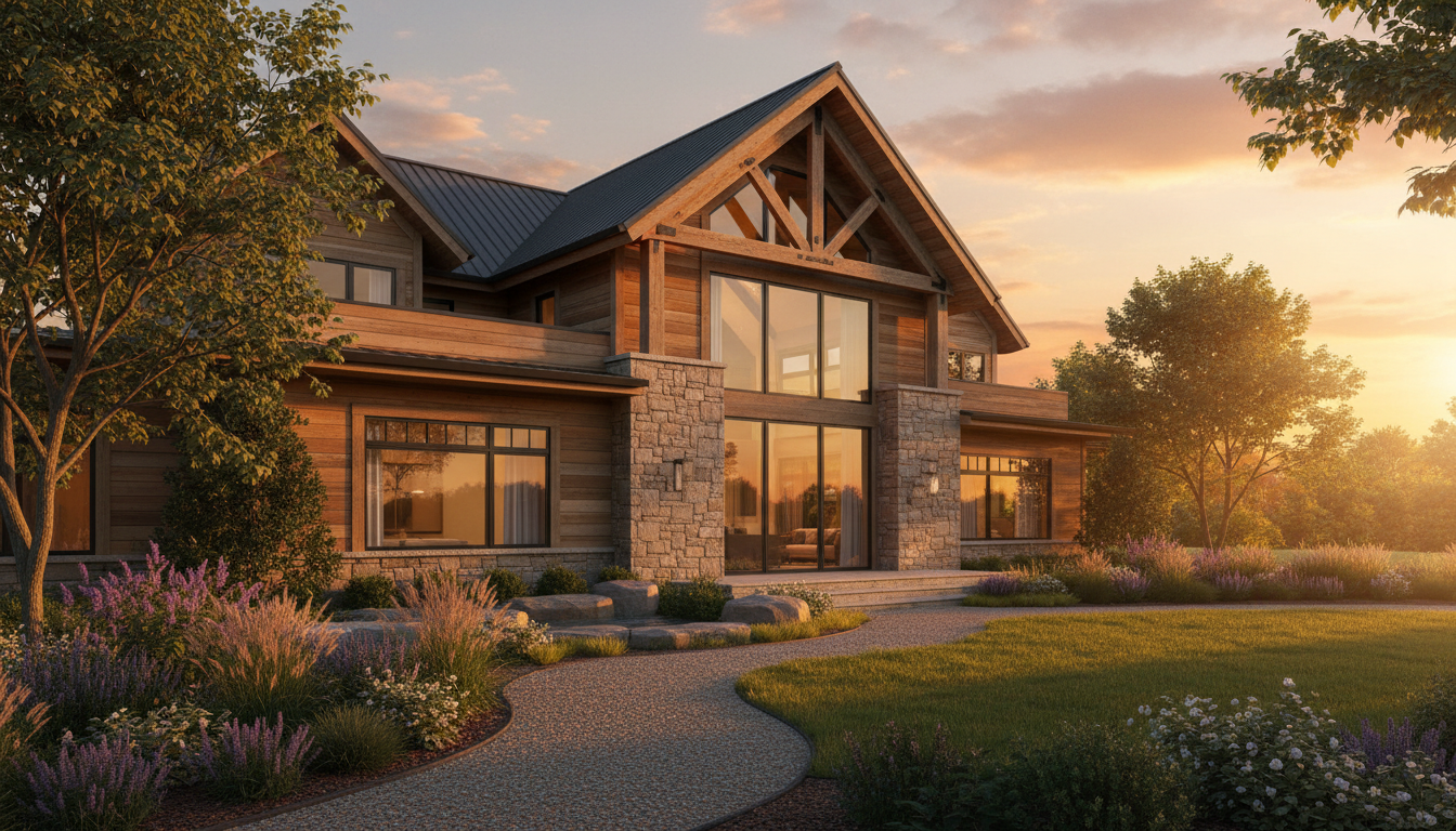 Каркасный дом с комбинированным фасадом из дерева и камня