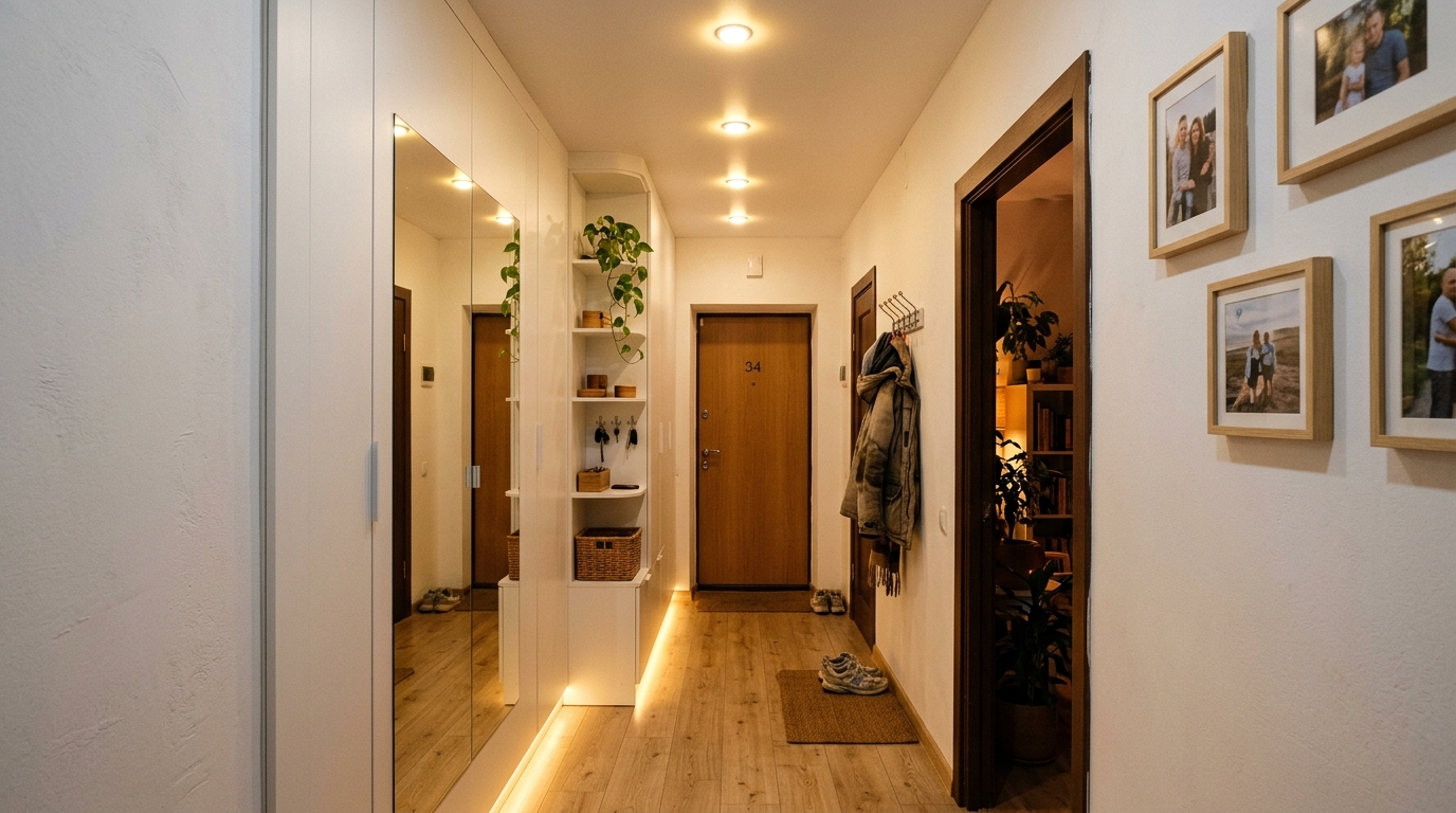 Многоточечное LED-освещение в прихожей хрущёвки — потолочные споты и подсветка пола