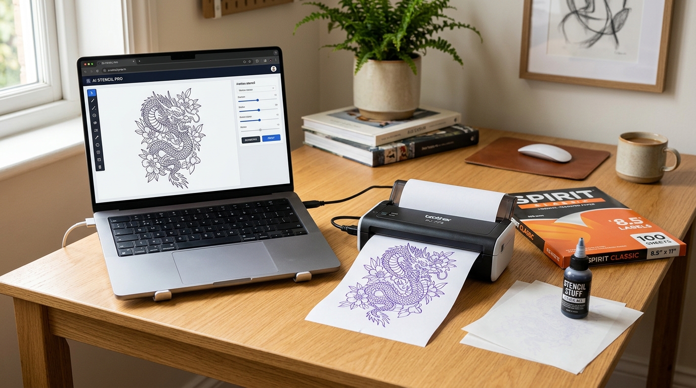 Домашнее рабочее место для подготовки трафарета тату — ноутбук, принтер, термобумага, гель