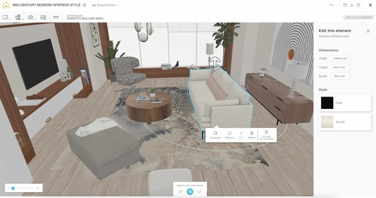 Редактор HomeByMe: панель свойств выбранного элемента — диван, размеры, стиль