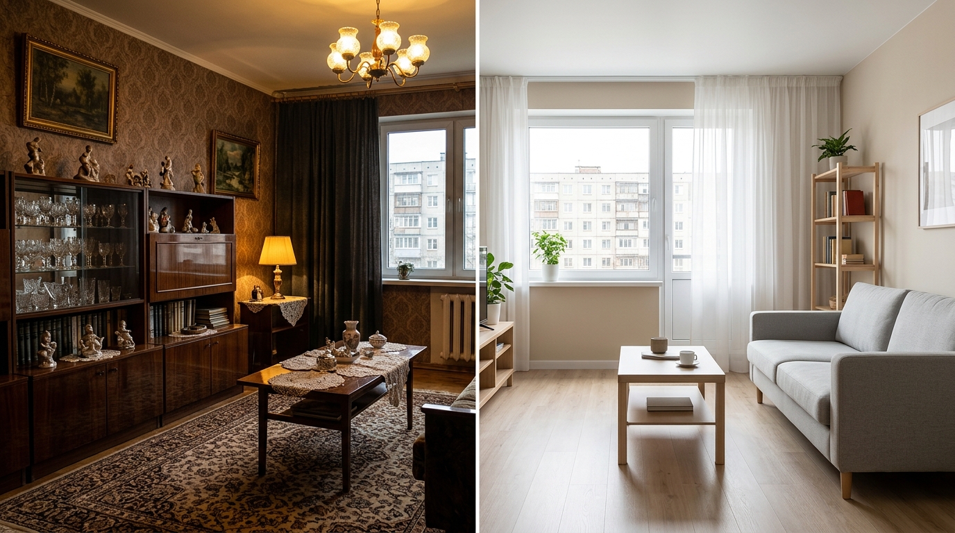 Трёшка 90 м² до и после: тяжёлая советская стенка и хрусталь vs светлая просторная гостиная