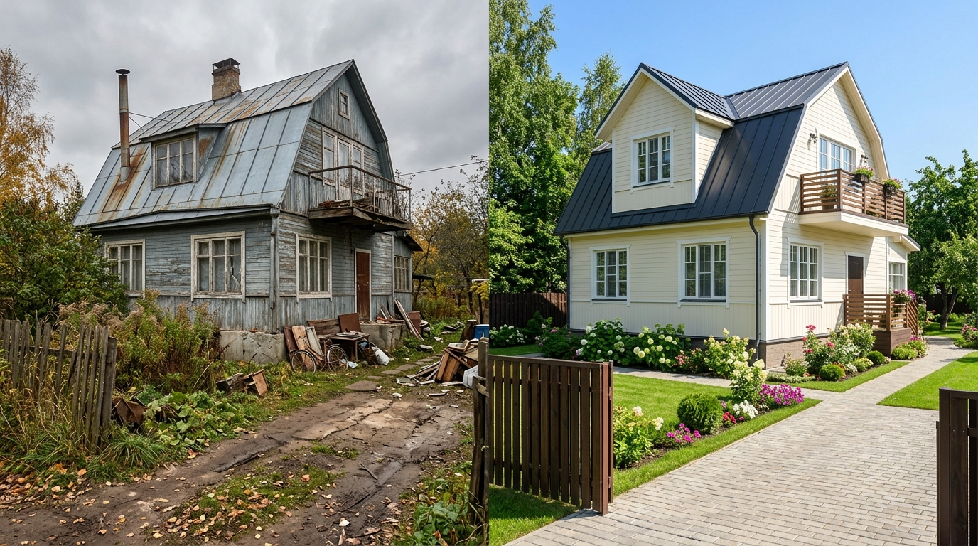 Загородный дом 150 м² до и после: облезлый фасад и заброшенный участок vs покраска и ландшафт