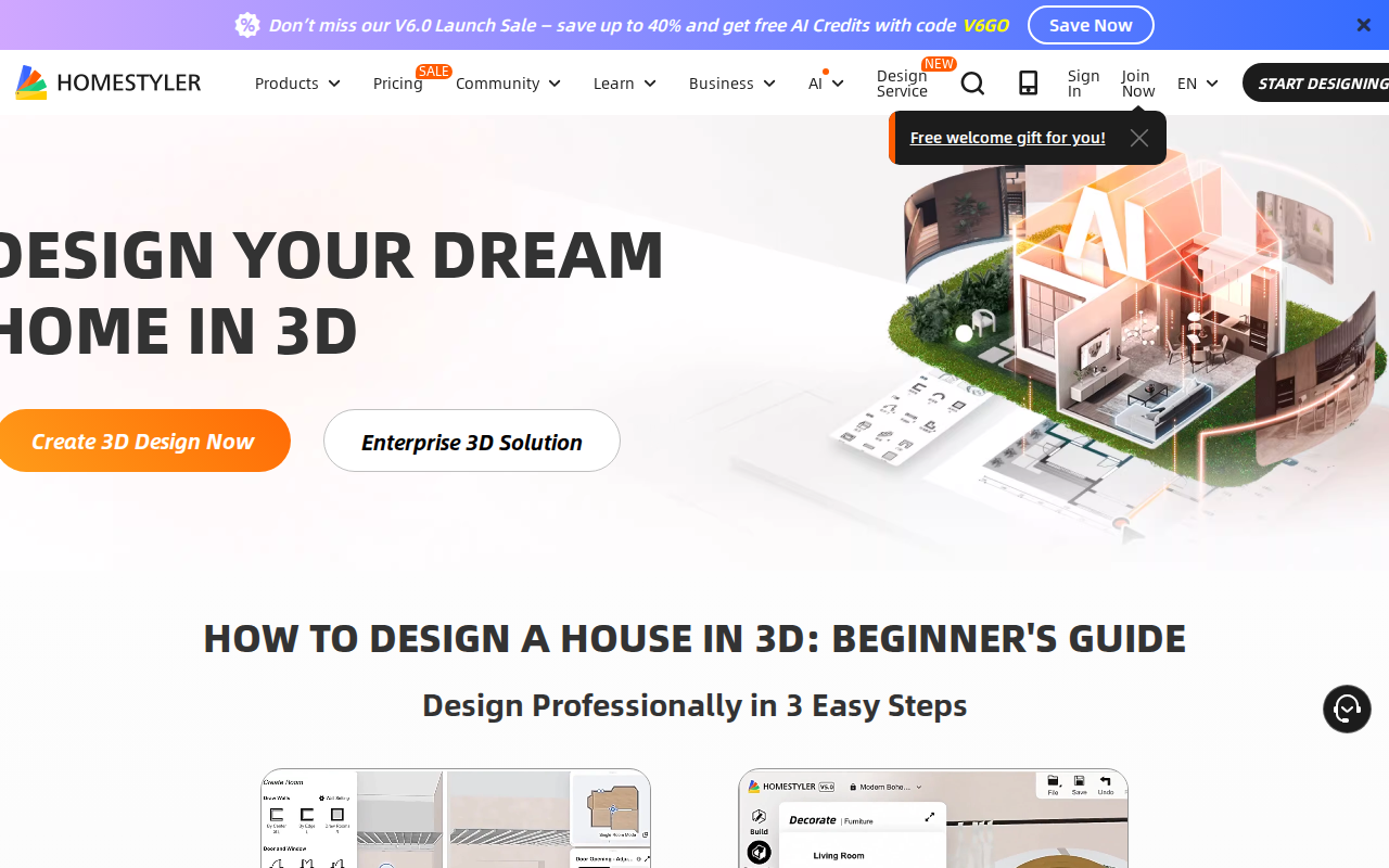 Скриншот главной страницы Homestyler — 3D-планировщик интерьера