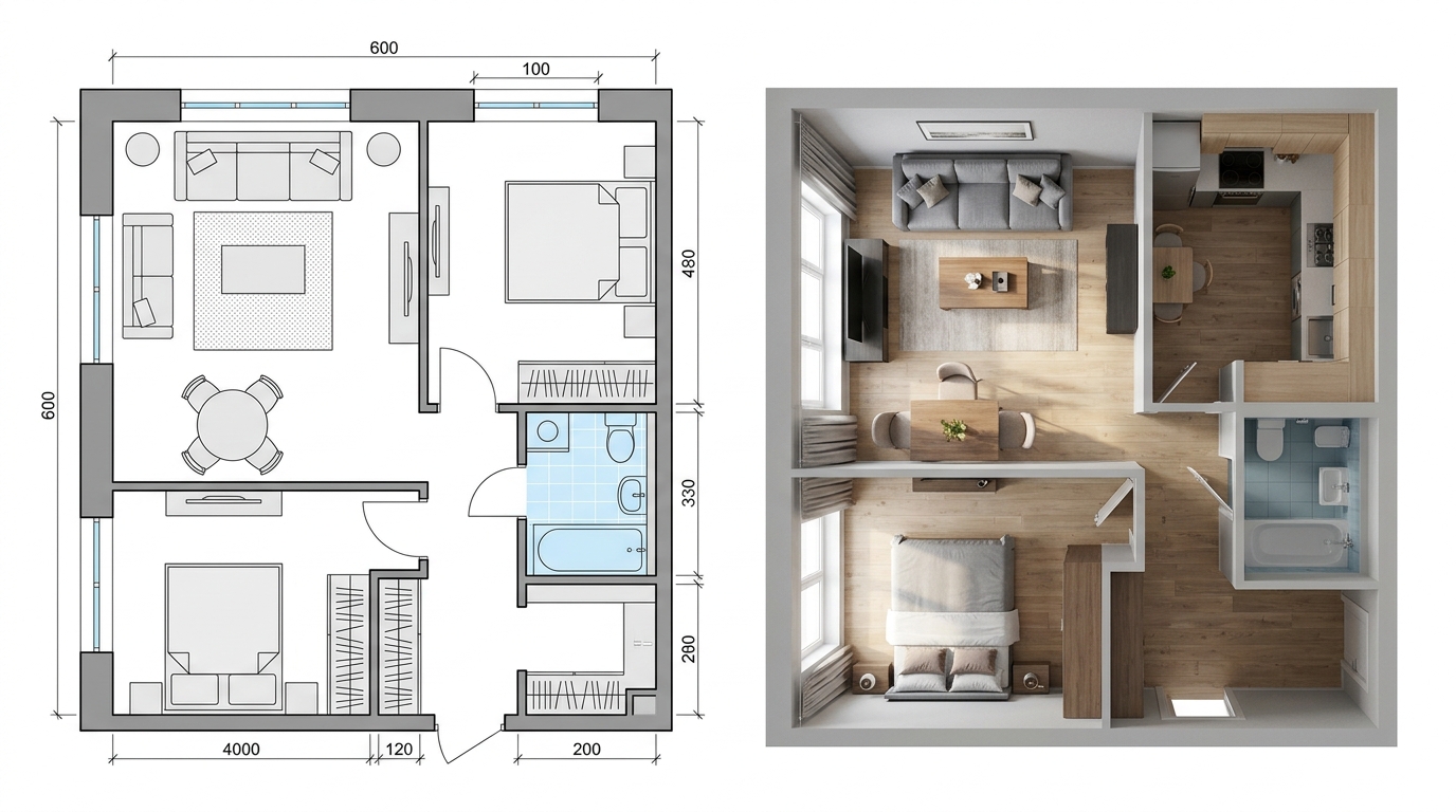2D-план и 3D-визуализация одного интерьера в Homestyler
