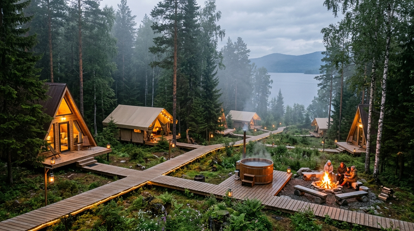 Эко-курорт с глэмпингом — A-frame домики и сафари-тенты в тайге, костровище, открытый чан, деревянные настилы