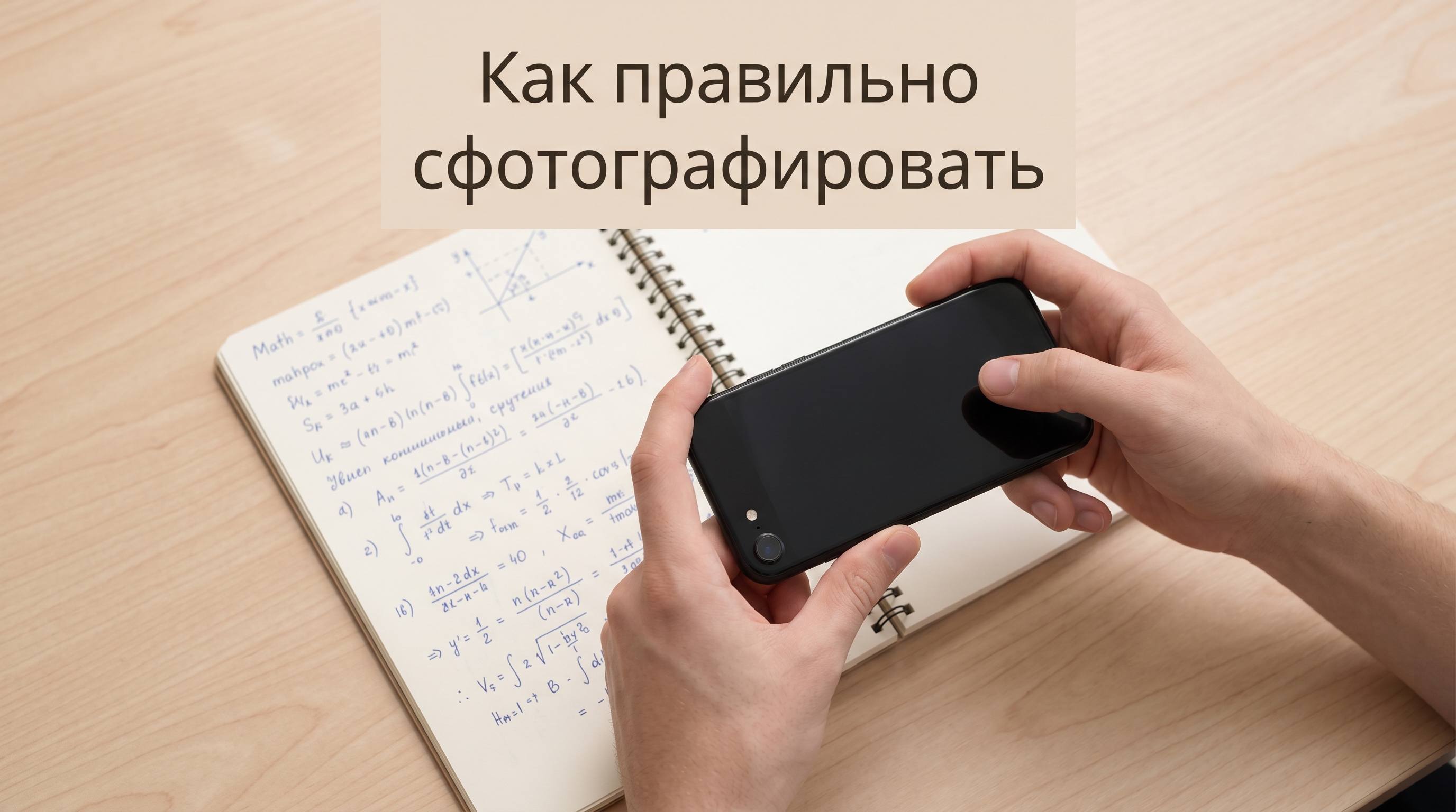 Студент фотографирует тетрадный лист с формулами на телефон