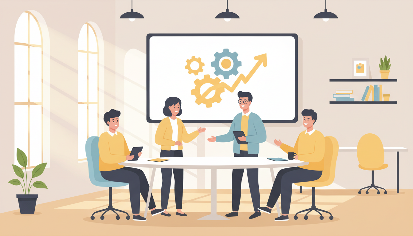 Онбординг нового сотрудника — команда за столом с презентацией на экране