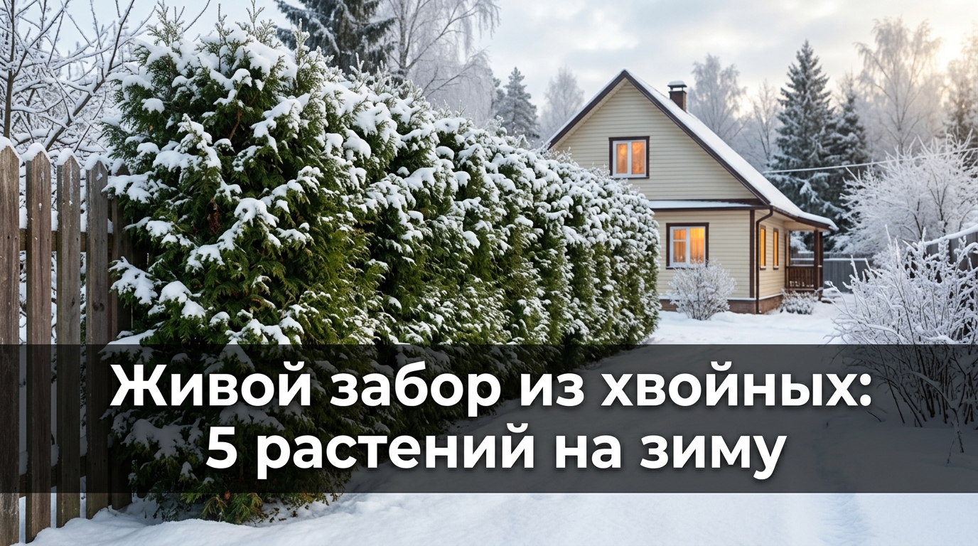 Живой забор из хвойных зимой на российской даче