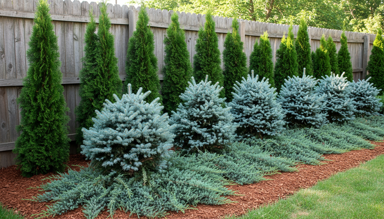 Миксбордер вдоль забора: высокие туи на заднем плане, голубые ели в середине, стелющийся можжевельник на переднем плане
