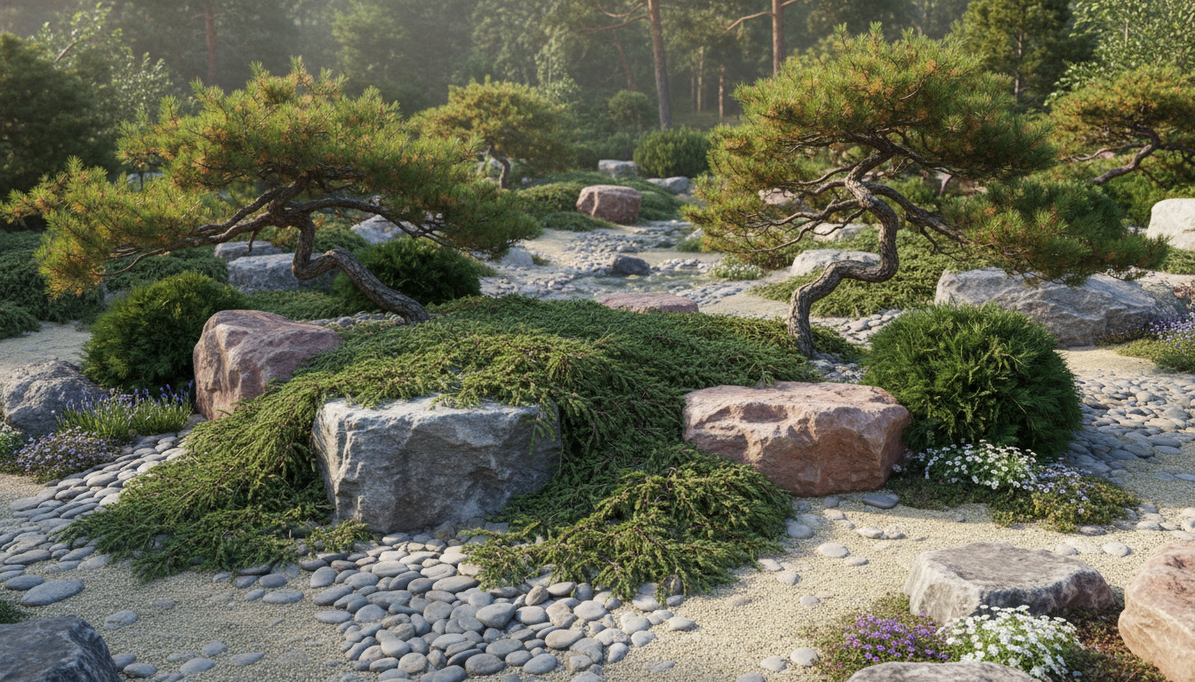Рокарий с хвойными растениями — карликовые сосны и стелющийся можжевельник среди камней