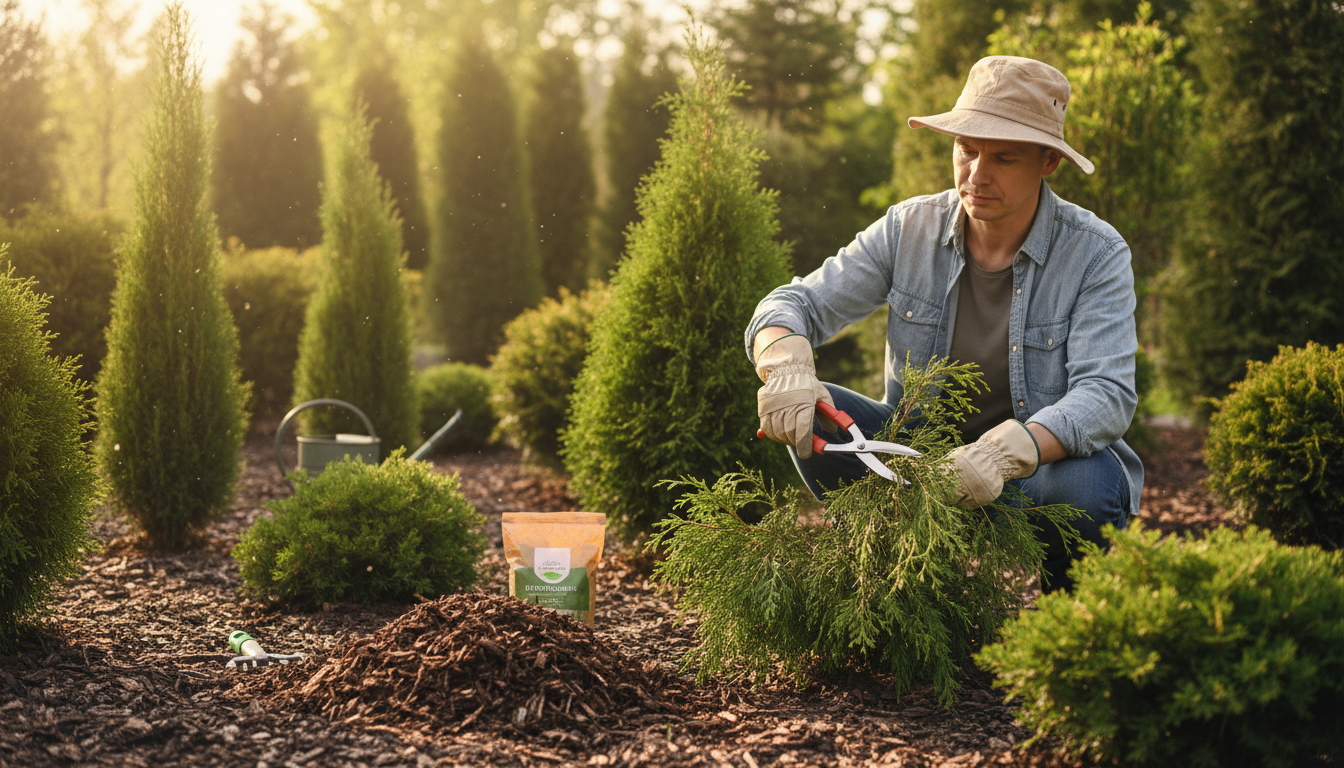 Уход за хвойными в саду — обрезка туи секатором, мульча из сосновой коры