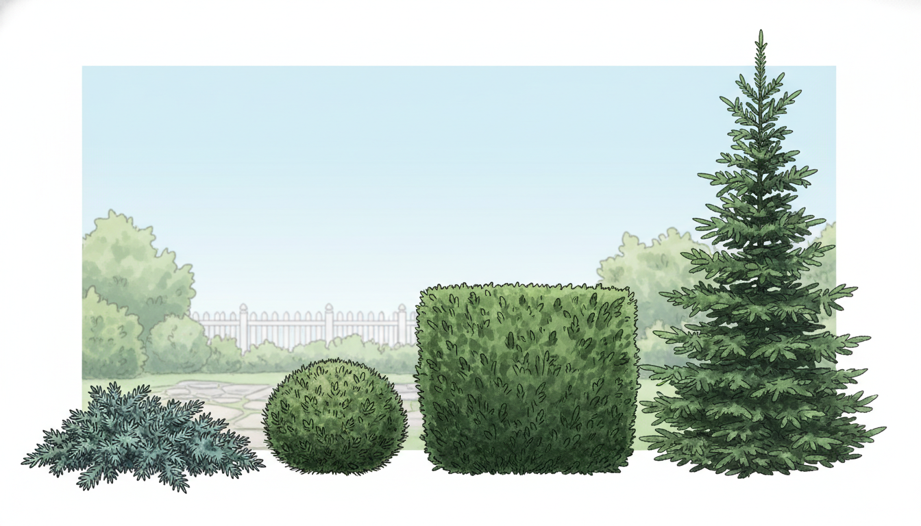 Хвойные растения разной высоты — высокая ель, средняя туя, карликовая сосна, стелющийся можжевельник