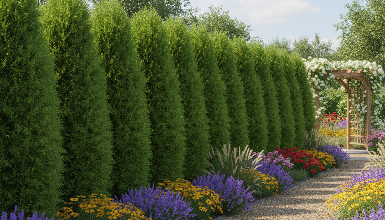 Плотная живая изгородь из туи западной Smaragd вдоль границы участка