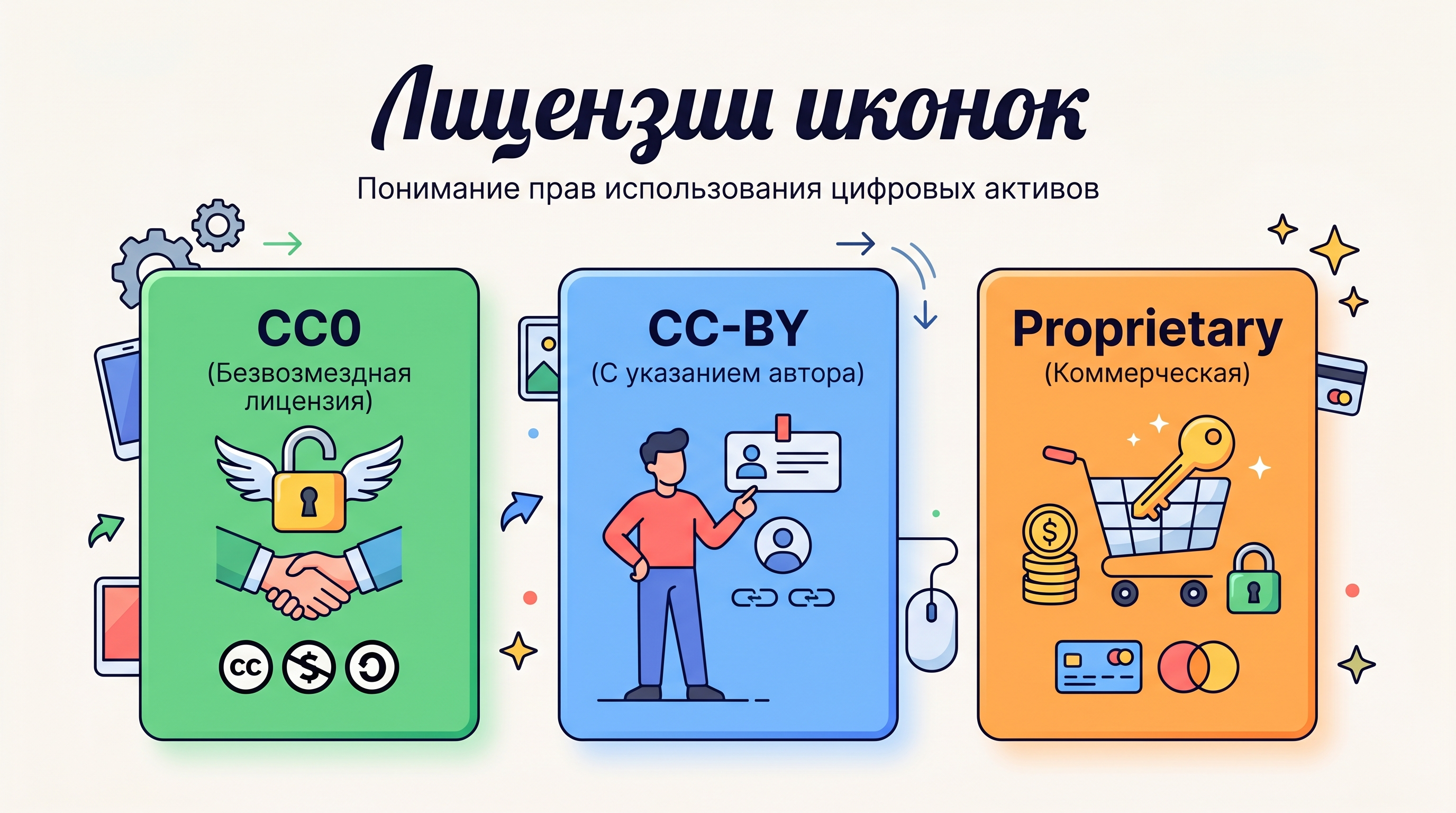 Три типа лицензий иконок: CC0, CC-BY, Proprietary