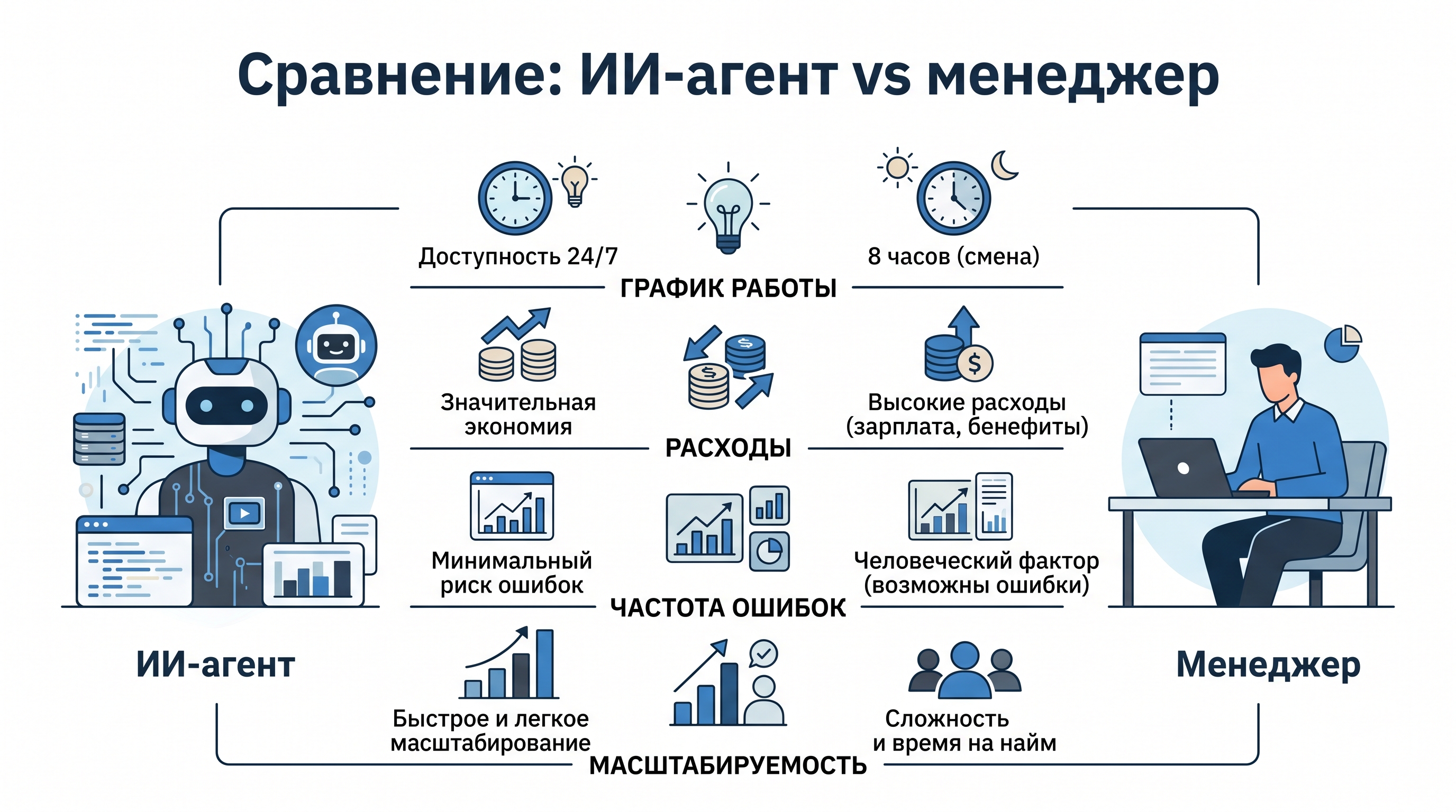 Инфографика: сравнение ИИ-агента и живого менеджера по ключевым параметрам