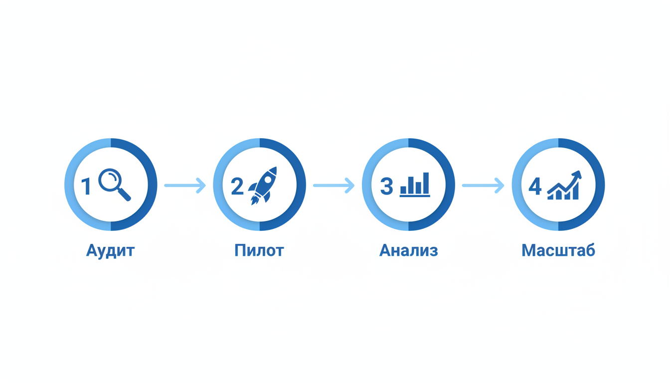 Инфографика: 4 этапа внедрения ИИ в продажи — аудит, пилот, анализ, масштабирование