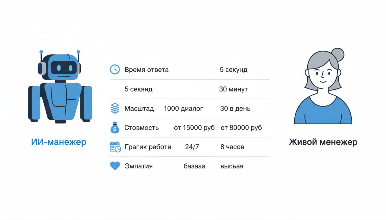 Инфографика сравнения ИИ-менеджера и живого менеджера по ключевым параметрам: время ответа, масштаб, стоимость, график, эмпатия