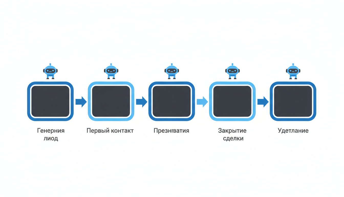 Инфографика: 5 этапов воронки продаж с ИИ — генерация лидов, первый контакт, презентация, закрытие сделки, удержание
